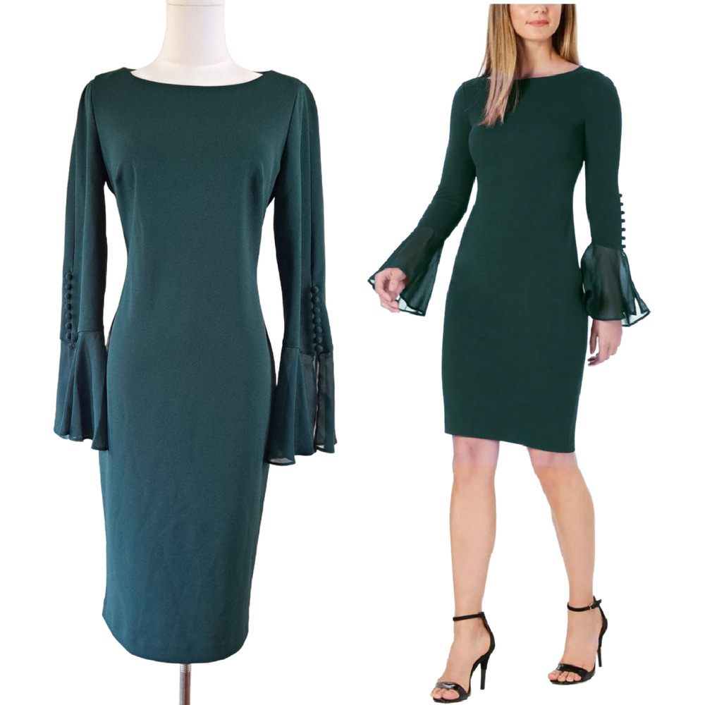 NWT CALVIN KLEIN Green Sheath Dress Size 6 Long Chiffon Bell Sleeve Work Party